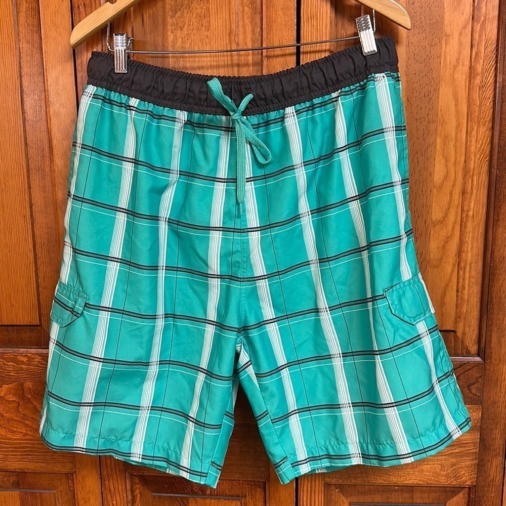 Hawaiian Authentics Green Plaid Swim Trunks w/Pockets Large